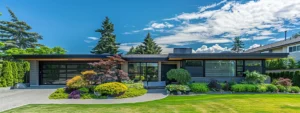 a sleek, modern home in canada with a stunning flat roof, surrounded by lush greenery under a vibrant blue sky, exuding a sense of contemporary elegance.