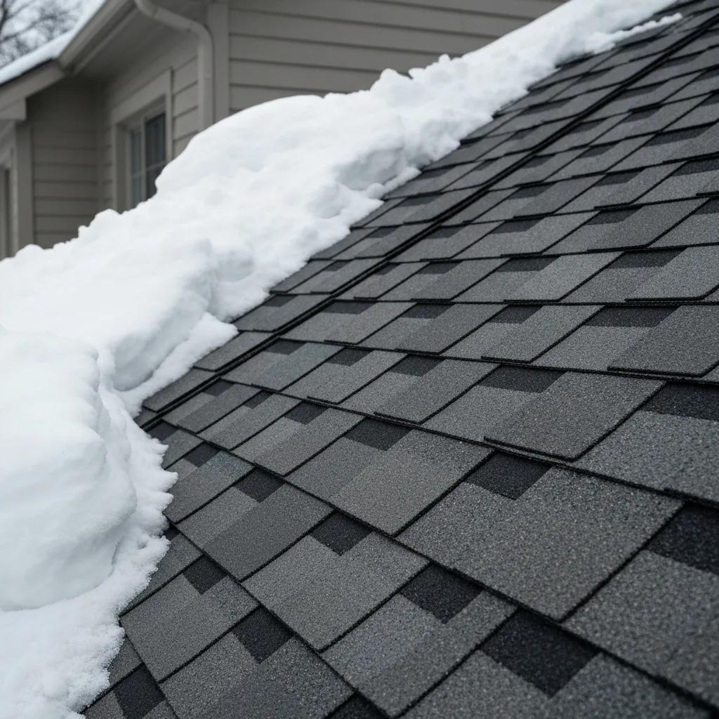 Close-up of high-quality asphalt shingles on a Toronto house during a winter snowfall