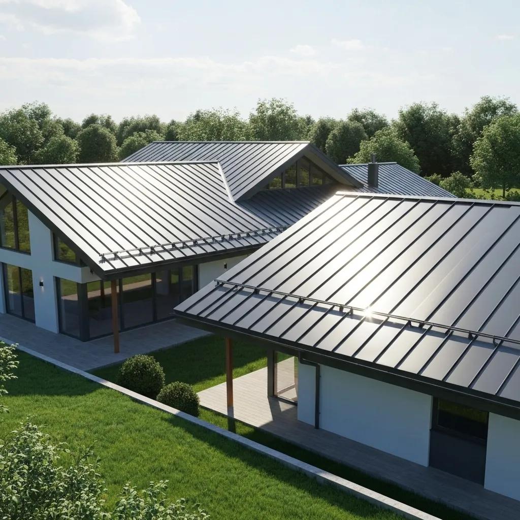 A contemporary Toronto home featuring a stylish metal roof surrounded by lush greenery, highlighting energy efficiency