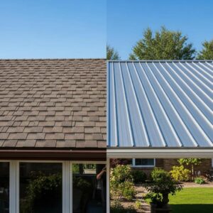 Comparison of asphalt shingles and metal roofing on a residential home, highlighting durability and aesthetics